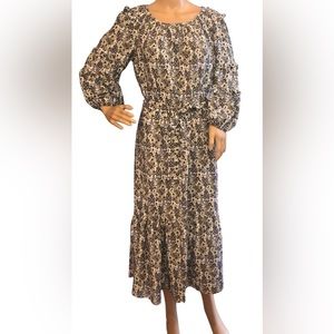 NWT Max Studio Boho Maxi Dress Tiered Bubble Sleeve Tie Belt Waist Sz. M